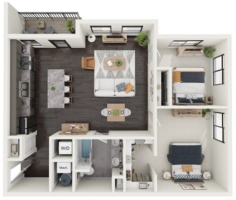 the aerial view of the 1st floor of a 1 bedroom apartment